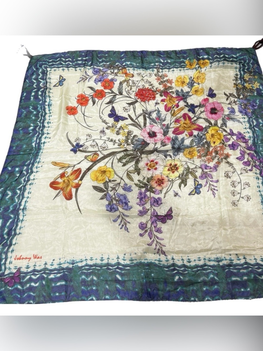 Johnny Was Multi-Color Floral Butterfly Tassel 100% Silk Scarf
